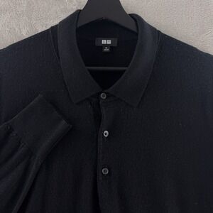 Uniqlo Polo Shirt Mens Size XL Black Wool Knit Long Sleeve Casual Classic